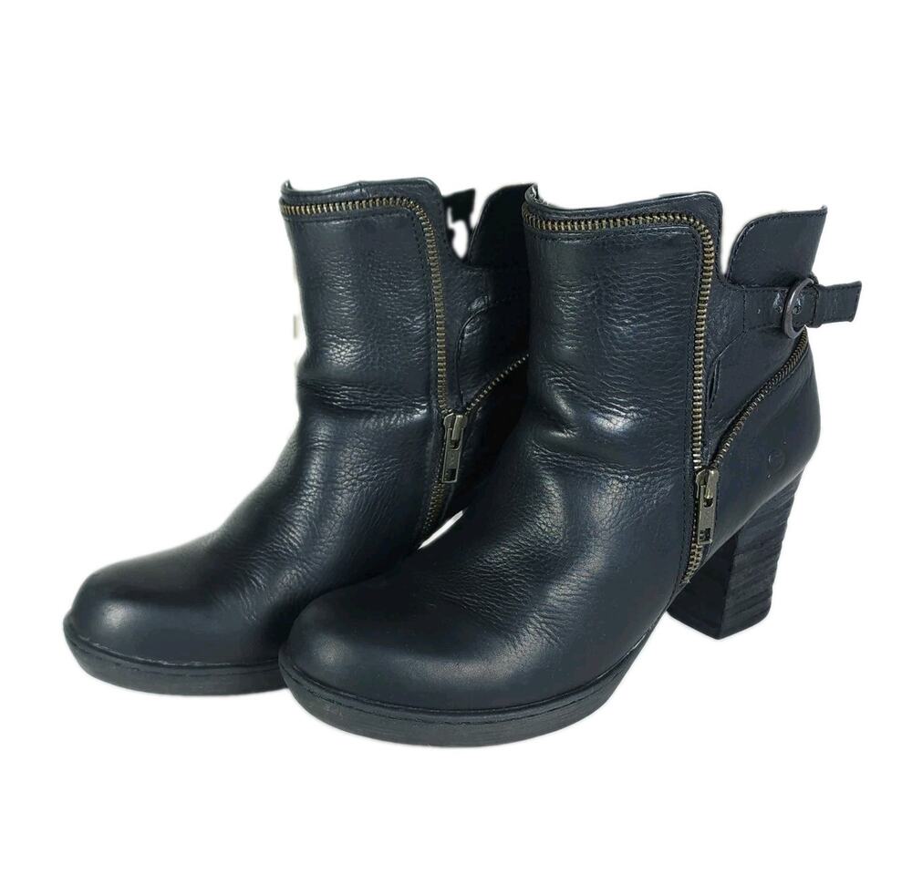 Born Christina Women's US9 Black Pebbled Leather Heeled Dual Zip Ankle Booties